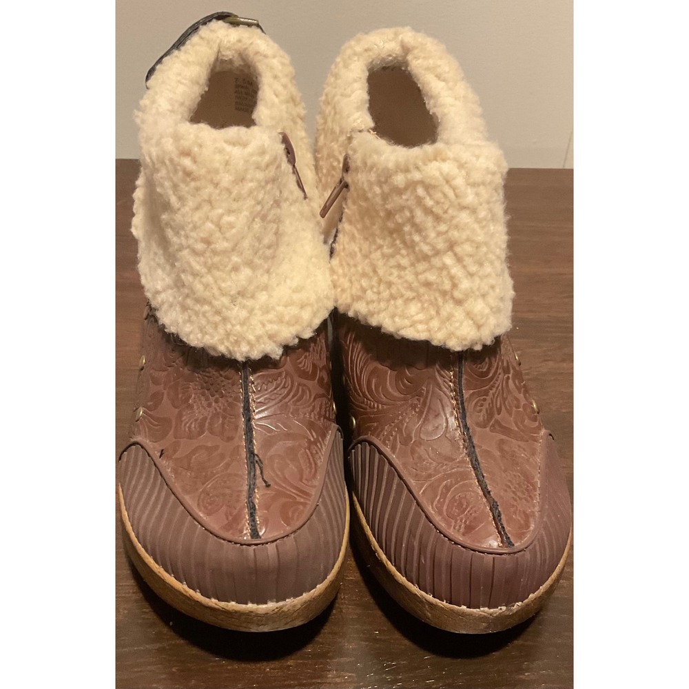JBU by Jambu Women Brown‎ Embossed Floral Wedge Ankle Booties 7.5 Lined Zip